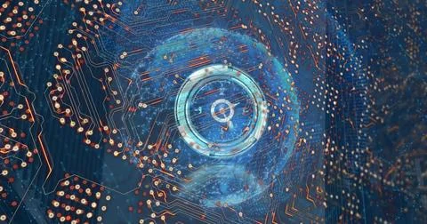 Image of scope scanning and computer circuit board with globe Stock Photos