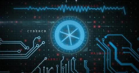 Image of scope scanning and cyber attack warning text on black background Stock Illustration