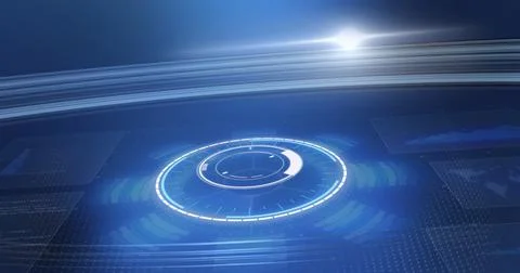 Image of scope scanning and data processing on screens over blue background Illustrazione stock