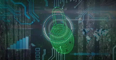 Image of scope scanning and data processing on black background Stockillustratie