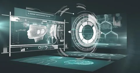 Image of scope scanning and data processing on black background Illustrazione stock