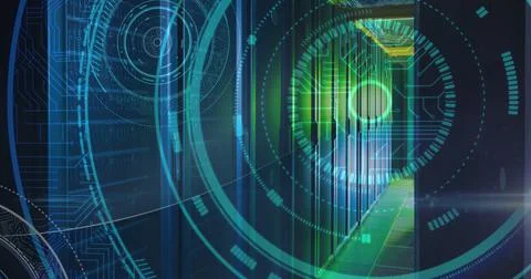 Image of scope scanning and data processing over computer servers Illustrazione stock
