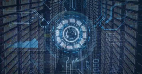 Image of scope scanning and data processing over computer servers Illustrazione stock