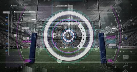 Image of scope scanning and data processing over sports stadium Illustrazione stock