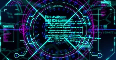 Image of scope scanning and data processing on black background Illustrazione stock