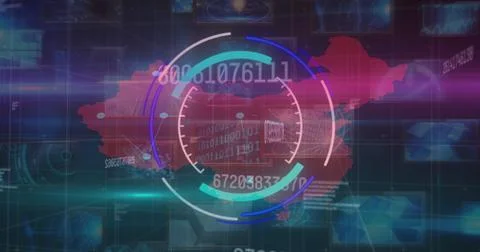 Image of scope scanning and data processing over map of china Illustrazione stock
