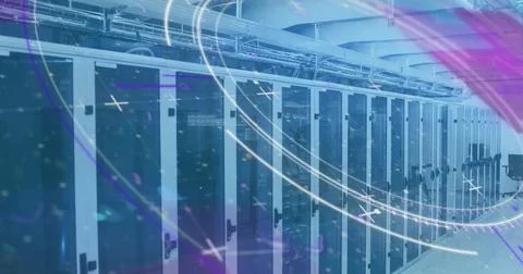 Image of scope scanning and data processing with computer servers in background Illustrazione stock