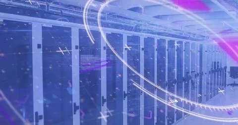 Image of scope scanning and data processing with computer servers in background Illustrazione stock