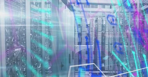 Image of scope scanning and data processing over computer servers in background Illustrazione stock