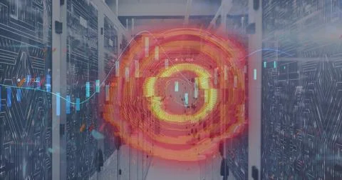 Image of scope scanning and data processing over computer servers Illustrazione stock