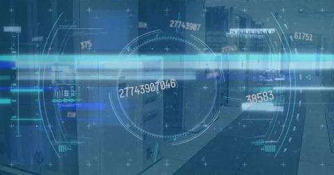 Image of scope scanning and data processing over empty office Stockillustratie