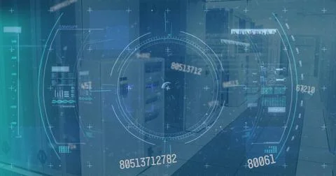 Image of scope scanning and data processing over empty office Stockillustratie