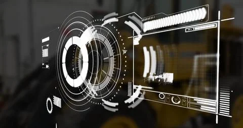 Image of scope scanning and data processing over stock market on black Illustrazione stock