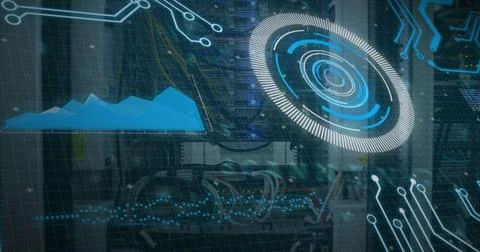 Image of scope scanning and data processing over stock market on black Stockillustratie