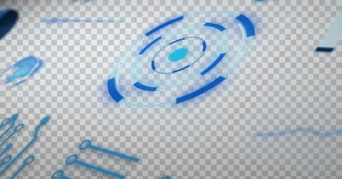 Image of scope scanning and data processing on screens on grid background Illustrazione stock