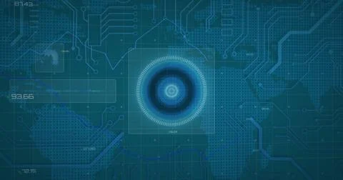 Image of scope scanning and data processing with world map on blue background Illustrazione stock