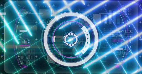 Image of scope scanning and data processing with glowing grid on blue background Stock Illustration