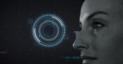 Image of scope scanning and data processing over woman Illustrazione stock