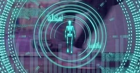 Image of scope scanning and data processing with skeleton over caucasian people Ilustración de archivo
