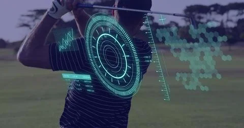 Image of scope scanning and data processing over caucasian man playing golf Illustrazione stock