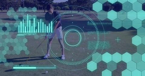 Image of scope scanning and data processing over caucasian man playing golf Illustrazione stock