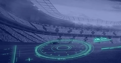 Image of scope scanning and data processing over sports stadium Illustrazione stock