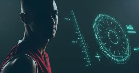 Image of scope scanning and data processing over biracial man playing basketball Illustrazione stock