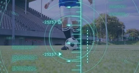 Image of scope scanning and data processing over caucasian man playing football イラスト素材
