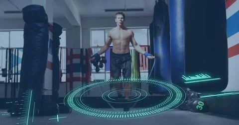 Image of scope scanning and data processing over caucasian man jumping rope at Stock Illustration