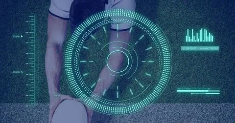 Image of scope scanning and data processing over caucasian man playing rugby Illustrazione stock