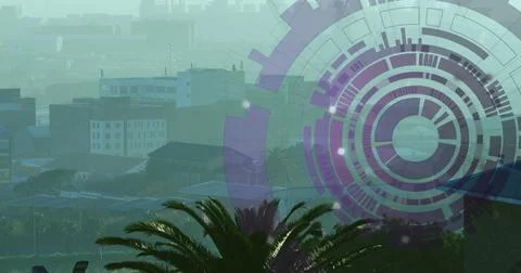 Image of scope scanning and data processing over cityscape Ilustração Stock
