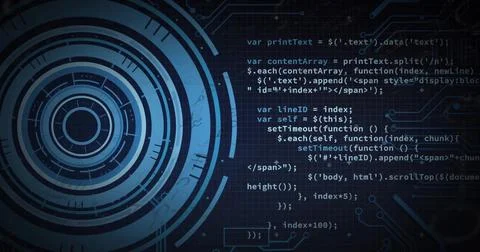 Image of scope scanning and data processing on black background Illustrazione stock