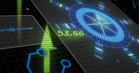 Image of scope scanning and data processing over black background Stockillustratie