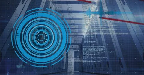 Image of scope scanning and data processing over server room Illustrazione stock