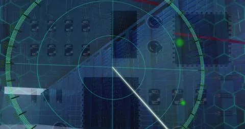 Image of scope scanning and data processing over computer servers Illustrazione stock