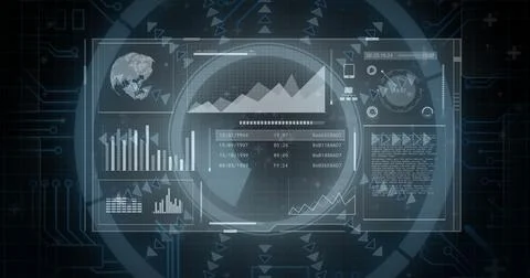Image of scope scanning and data processing on black background 스톡 일러스트