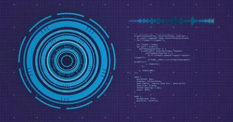 Image of scope scanning and data processing on blue background Illustrazione stock