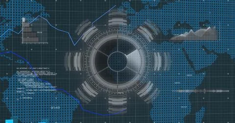 Image of scope scanning and data processing over world map 스톡 일러스트