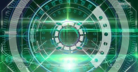 Image of scope scanning and data processing on green background Illustrazione stock