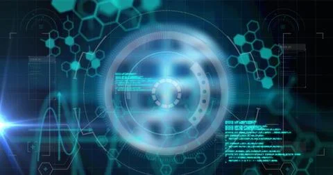 Image of scope scanning and data processing with hexagon networks on black Illustrazione stock
