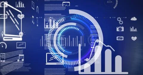 Image of scope scanning and data processing with digital icons over blue 스톡 일러스트