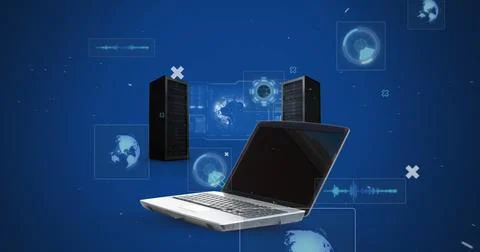 Image of scope scanning and data processing on screens over laptop and servers Illustrazione stock