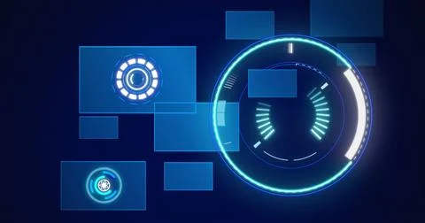 Image of scope scanning and data processing over screens on blue background イラスト素材