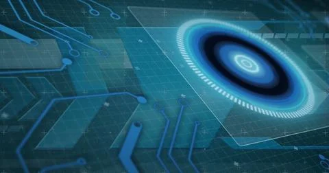 Image of scope scanning and data processing on screens over computer circuit イラスト素材