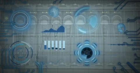 Image of scope scanning and data processing on screens over computer server and Stock Illustration