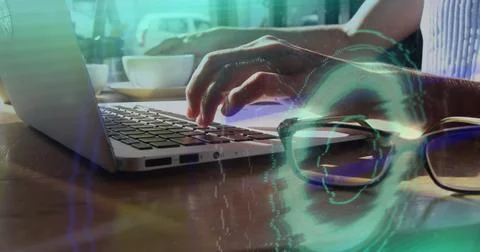 Image of scope scanning and data processing over person using laptop Stock Illustration