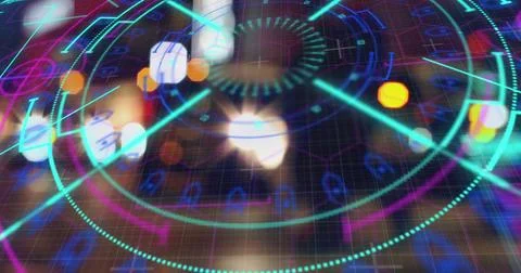 Image of scope scanning and data processing over out of focus city lights Illustrazione stock