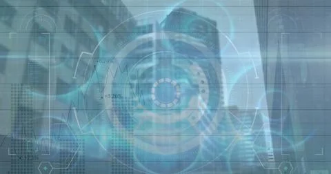 Image of scope scanning and data processing over cityscape Stock Illustration