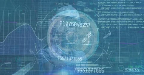 Image of scope scanning and data processing over biracial businesswoman in hard Illustrazione stock