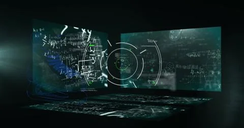 Image of scope scanning and data processing on black background Illustrazione stock